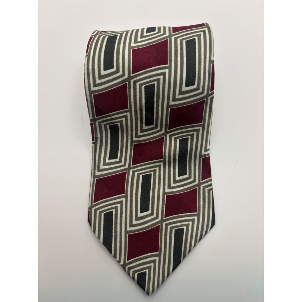 AXXA Mens Geometric Necktie Burgundy Grey Black Rectangular Pattern Silk Blend